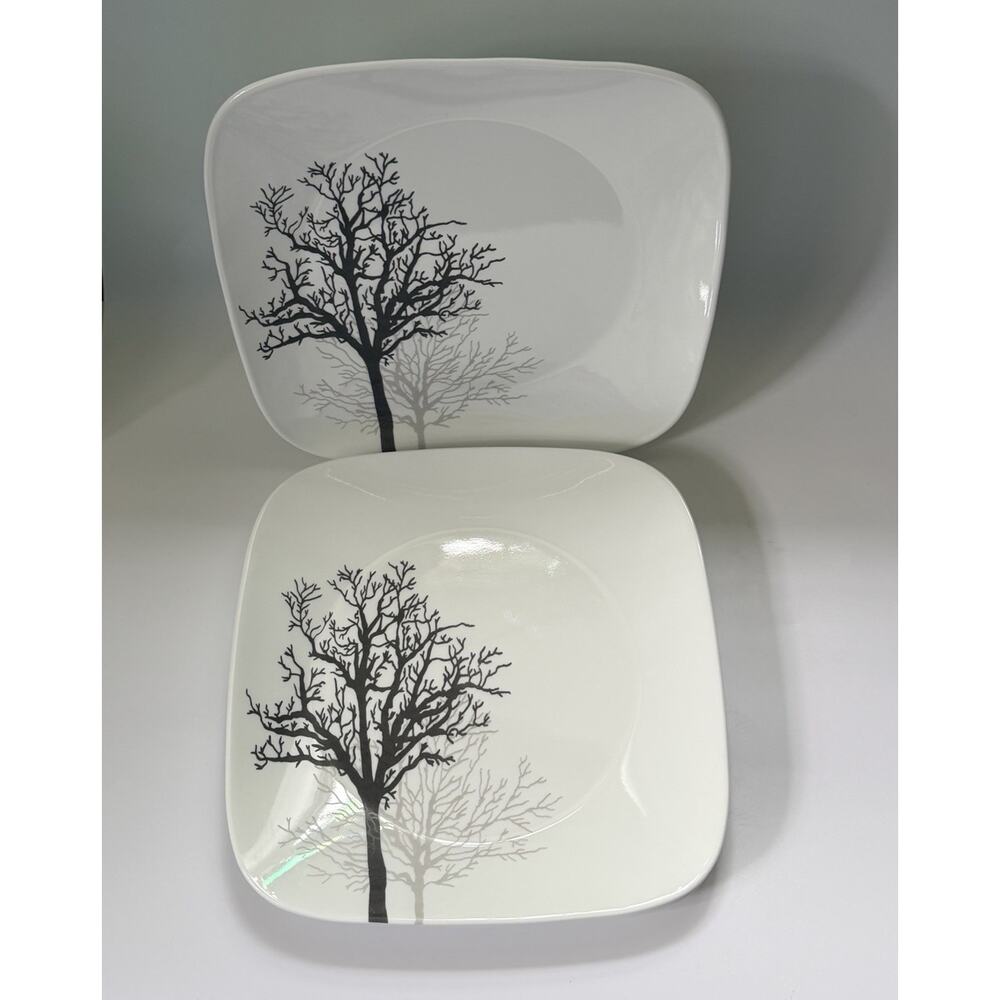 Corelle Set Of 4 Tree Shadows 10.5”Square Large Dinner‎ Plates Black Gray Nature